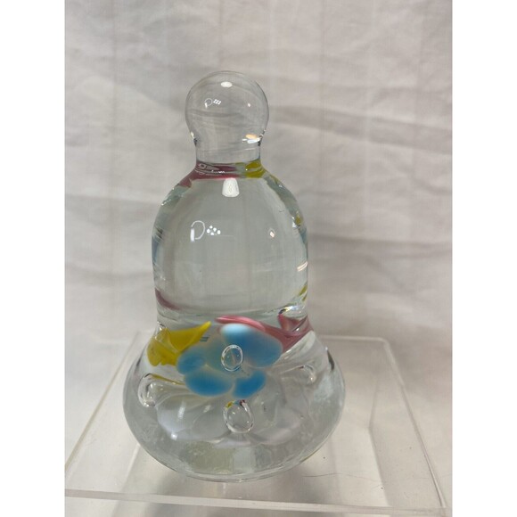 Vintage Joe St Clair Pink Yellow and Blue Flowers Green Leaves Bell Paperweight - Picture 5 of 12